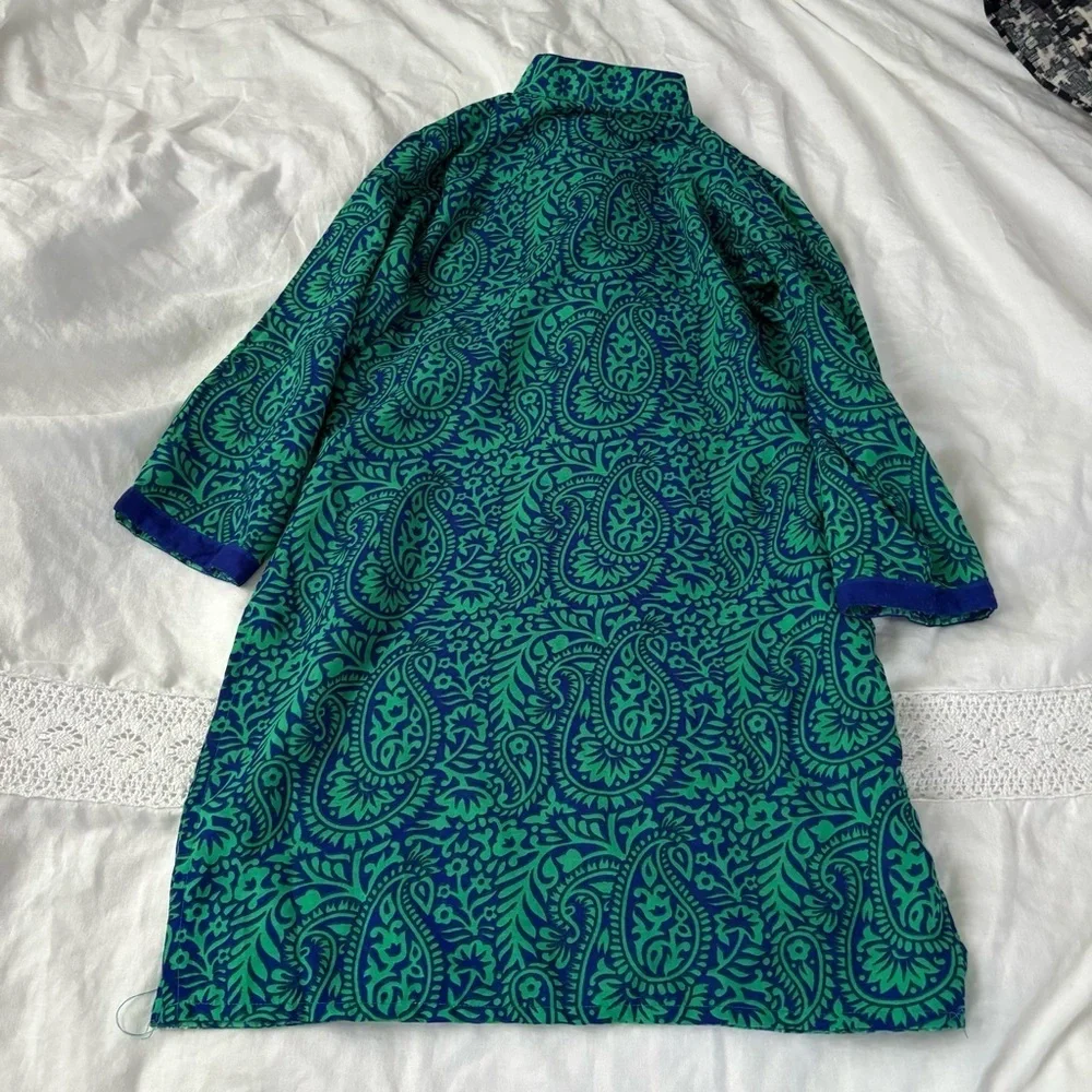 Green Blue Tunic Mini Shift Dress Large 3/4 sleeves boho chic paisley v neck - Picture 5 of 5